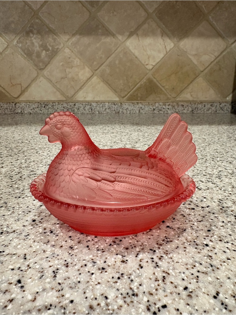 Pink Glass Chicken Hen on Nest Oval Covered Dish